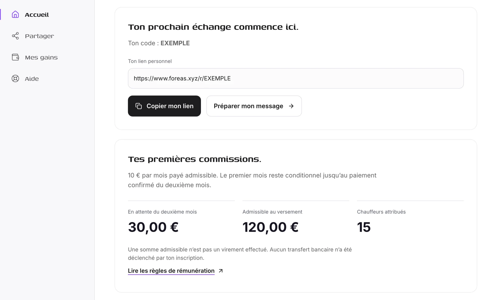 Exemple de l’espace partenaire FOREAS : lien prêt à copier, message à préparer, 30 € en attente du deuxième mois, 120 € admissibles au versement, 15 chauffeurs attribués. Chiffres d’exemple.