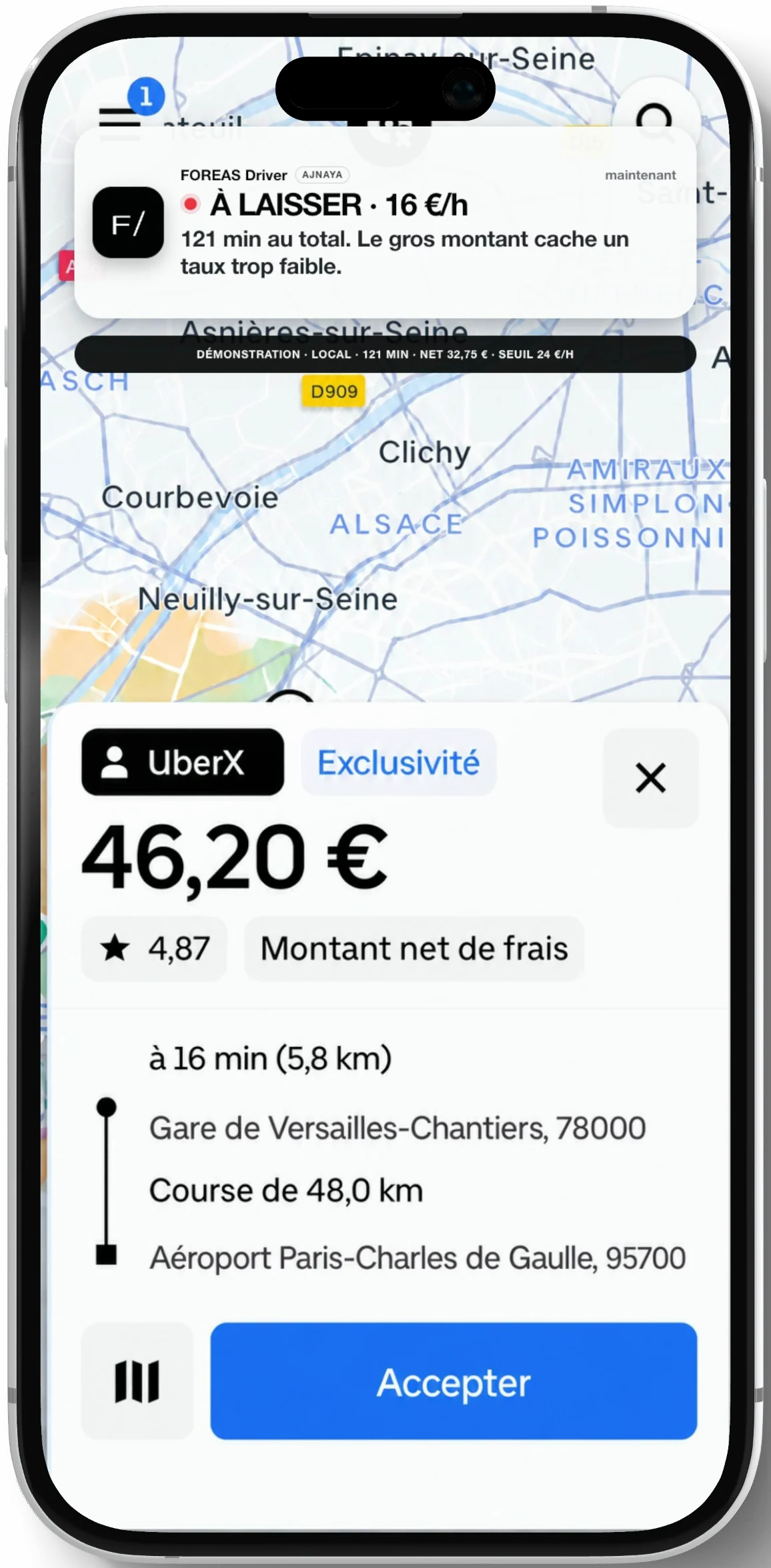 Démonstration de Verdict Instant dans FOREAS Driver : une course affichée 46,20 € reçoit le verdict « À laisser, 16 € de l’heure », car elle prend 121 minutes au total.